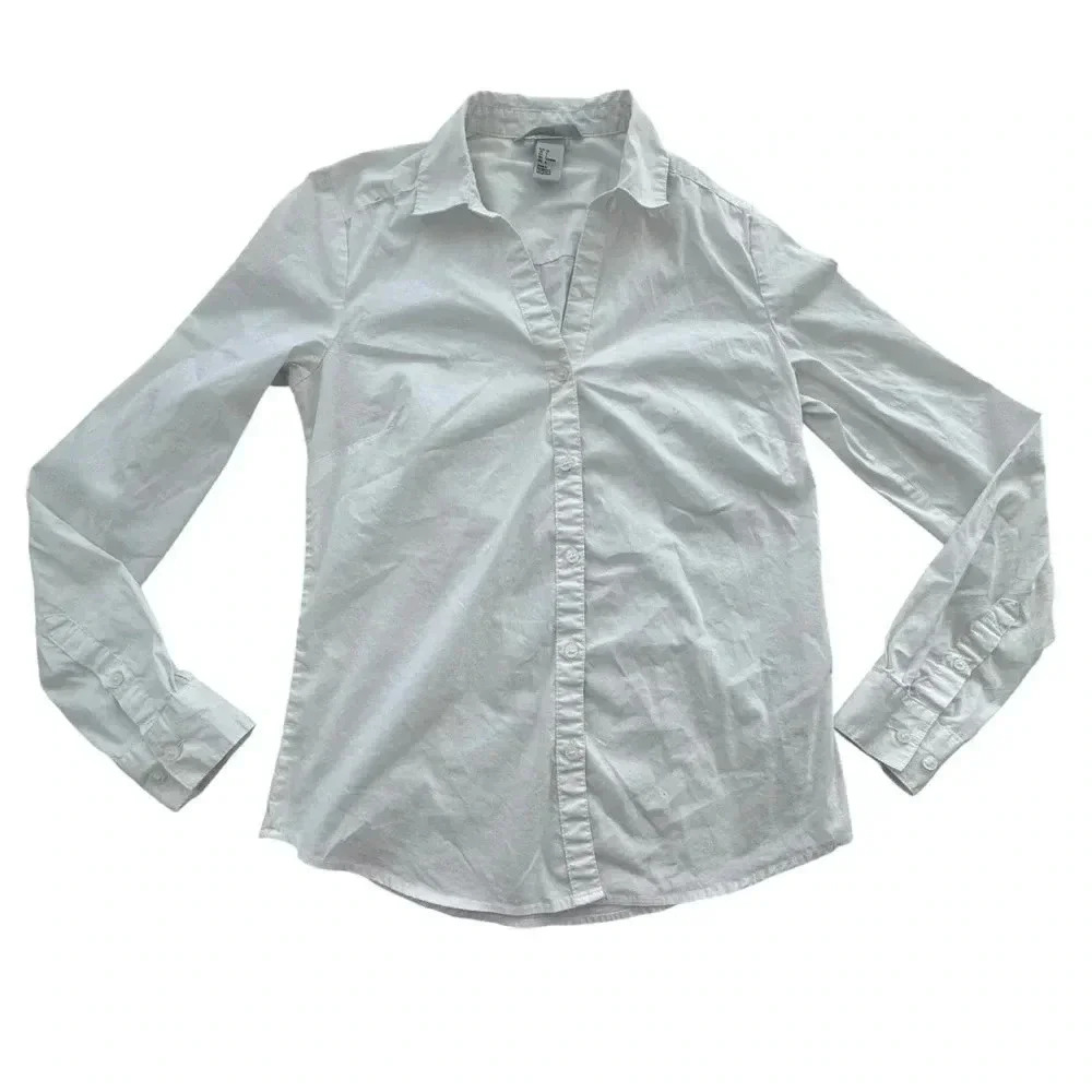 H&M Button Down Top Shirt Womens Size 6 White Fitted Long Sleeve Blouse